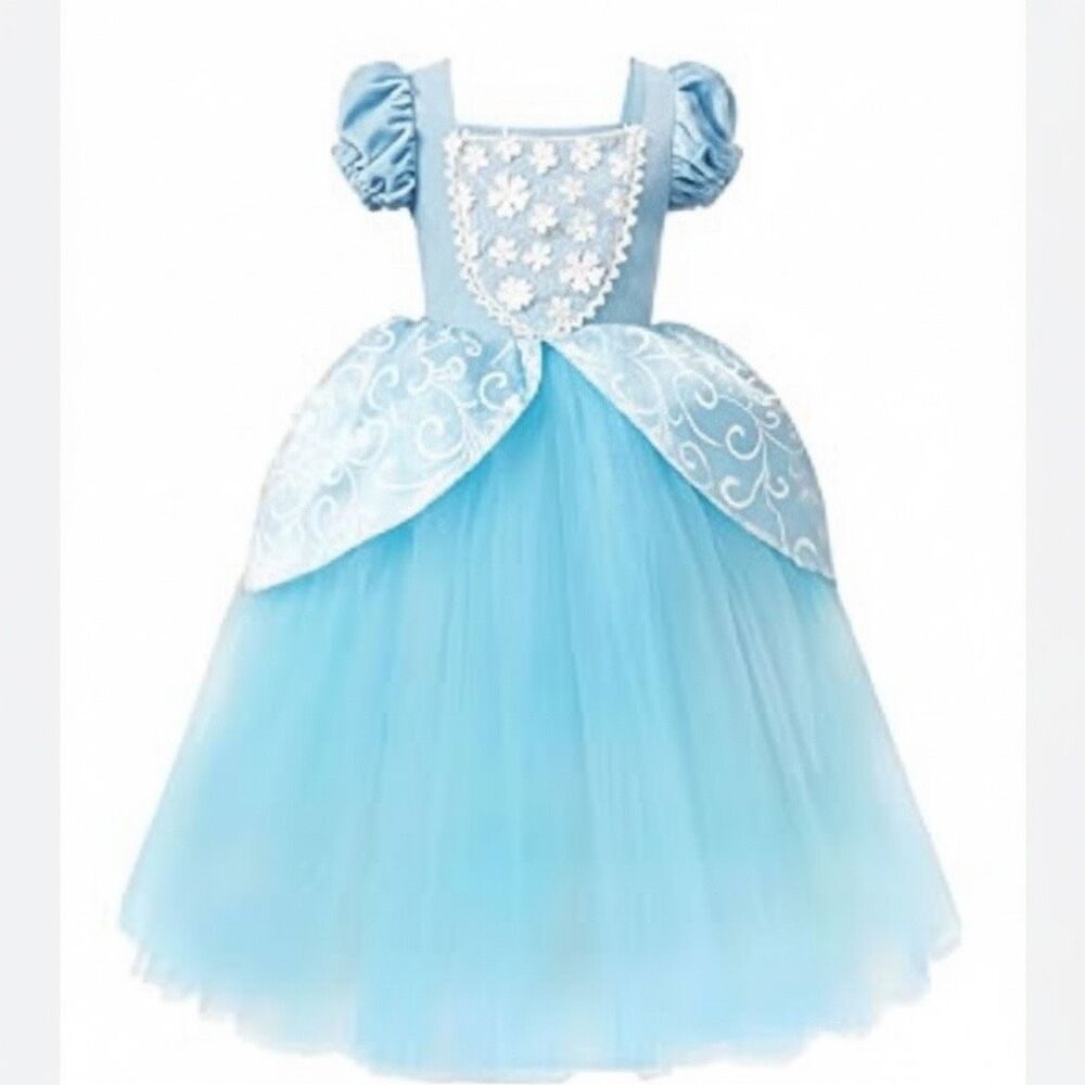 Cinderella costume dress white floral appliqué fluffy tulle skirt sz 4-5